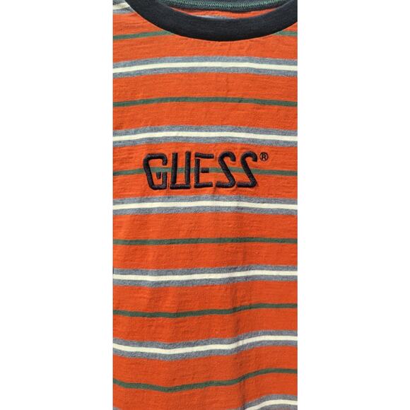 Vintage 90s Guess Shirt Mens Small Orange Striped Preppy Embroidered Logo Knit - Picture 4 of 6